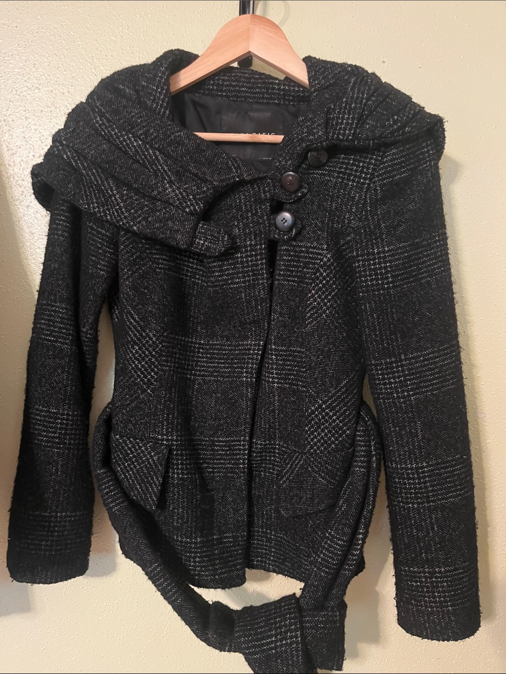 Zara Basic Plaid Asymmetric High Neck Wrap Jacket Coat wool size small 17” p2p